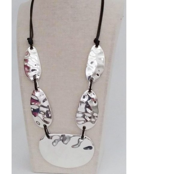 NWT Statement Necklace 21" +3" extender Set in Silver-tone Mixed Metals wax cord - Picture 2 of 15
